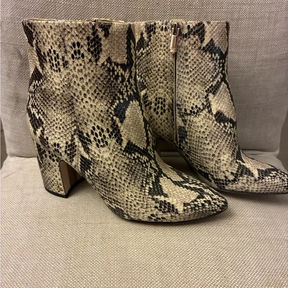 Sam Edelman Snake-Print Pointed Ankle Boots - Beige & Black - Picture 2 of 10